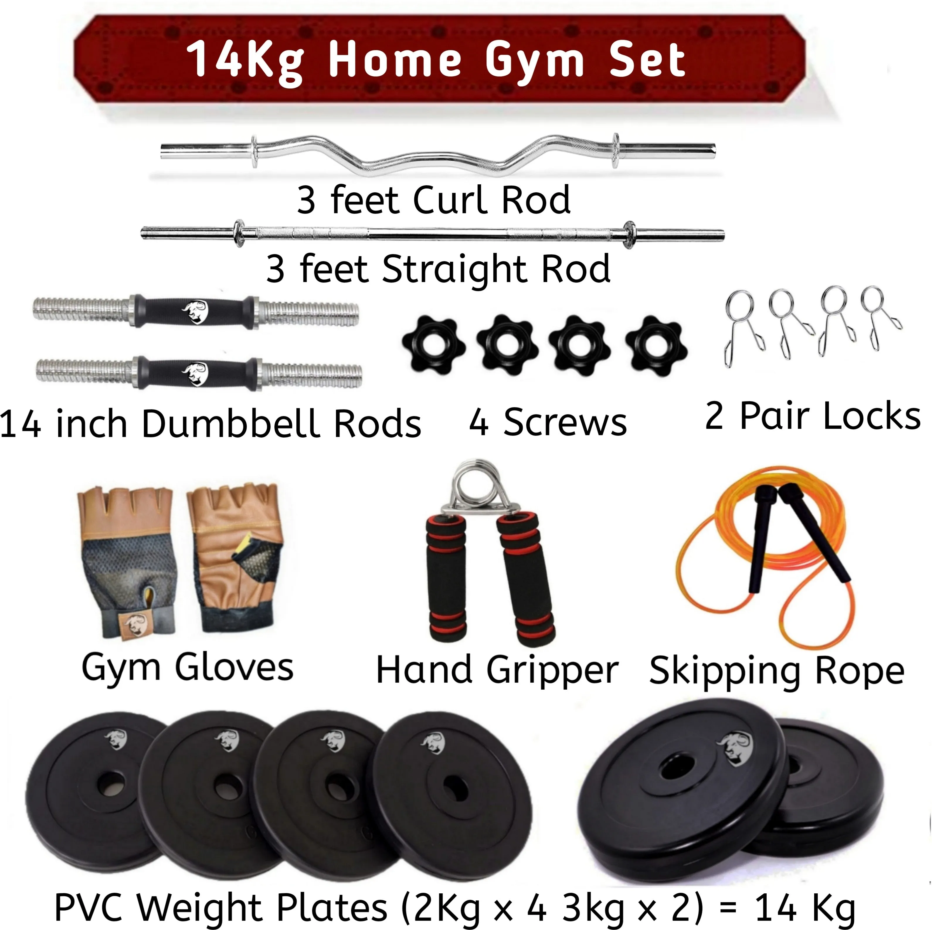 14KG Set Home Gym Equipments |3ft Curl Rod | 3ft Straight   One Pair Dumbbell Rods | Weight Plates