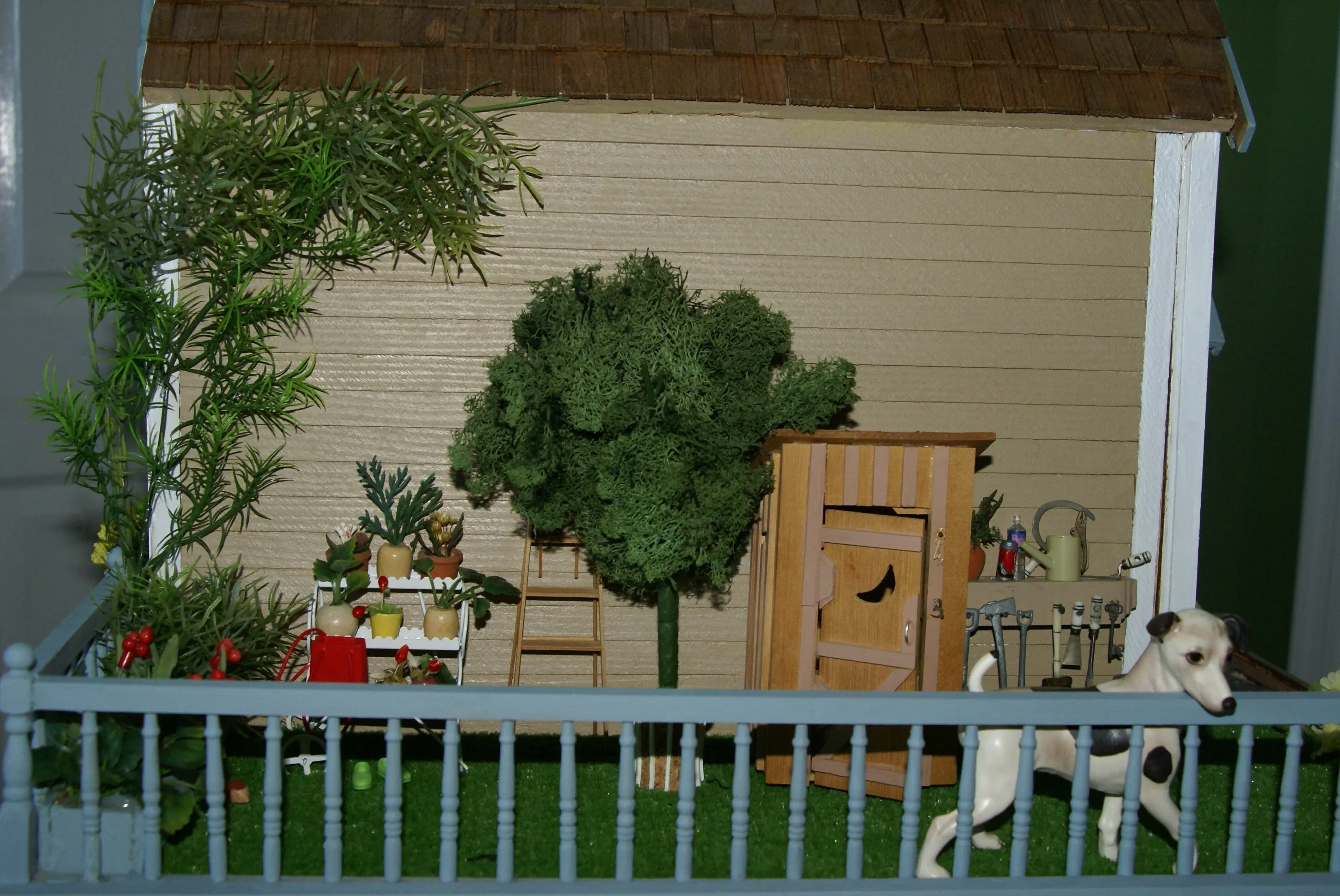 1970 HUGE CUSTOM BUILT & FULLY FURNISHED DOLL HOUSE (5 ft x 4ft x 32”) WITH 14 rooms & 3 gardens, Plants, Trees   Outhouse (1/12 Scale) Operating Lights