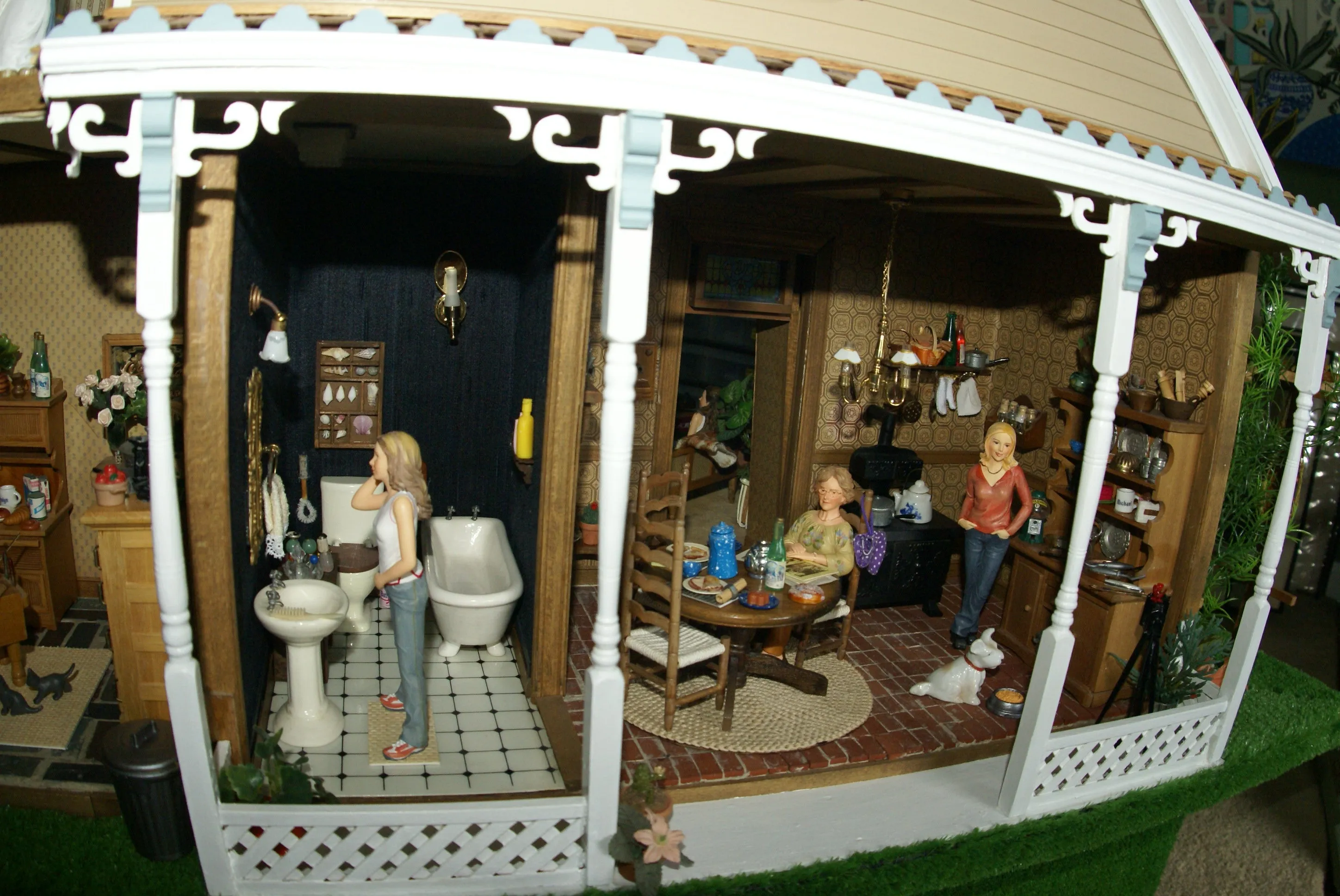 1970 HUGE CUSTOM BUILT & FULLY FURNISHED DOLL HOUSE (5 ft x 4ft x 32”) WITH 14 rooms & 3 gardens, Plants, Trees   Outhouse (1/12 Scale) Operating Lights