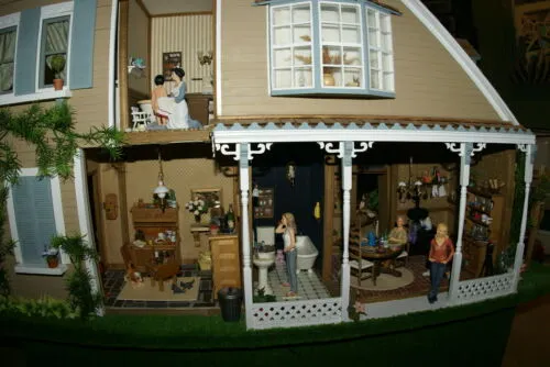 1970 HUGE CUSTOM BUILT & FULLY FURNISHED DOLL HOUSE (5 ft x 4ft x 32”) WITH 14 rooms & 3 gardens, Plants, Trees   Outhouse (1/12 Scale) Operating Lights