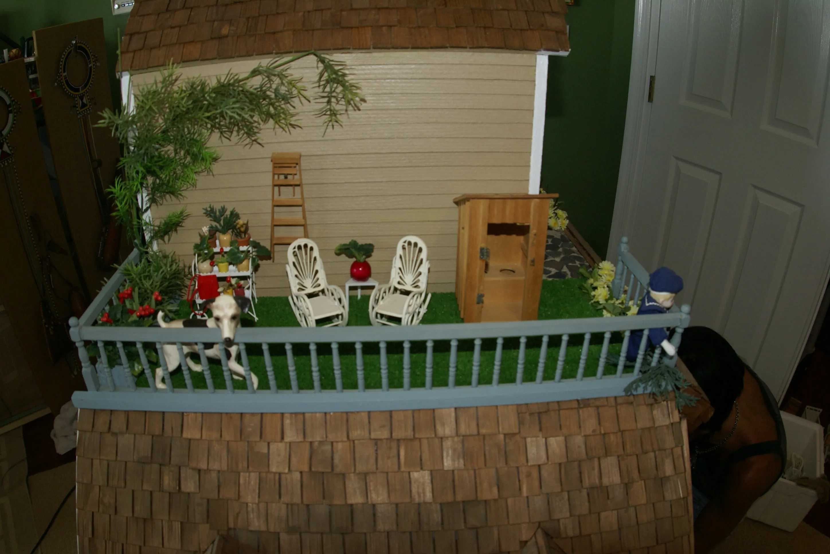 1970 HUGE CUSTOM BUILT & FULLY FURNISHED DOLL HOUSE (5 ft x 4ft x 32”) WITH 14 rooms & 3 gardens, Plants, Trees   Outhouse (1/12 Scale) Operating Lights