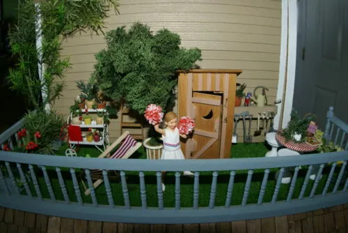 1970 HUGE CUSTOM BUILT & FULLY FURNISHED DOLL HOUSE (5 ft x 4ft x 32”) WITH 14 rooms & 3 gardens, Plants, Trees   Outhouse (1/12 Scale) Operating Lights