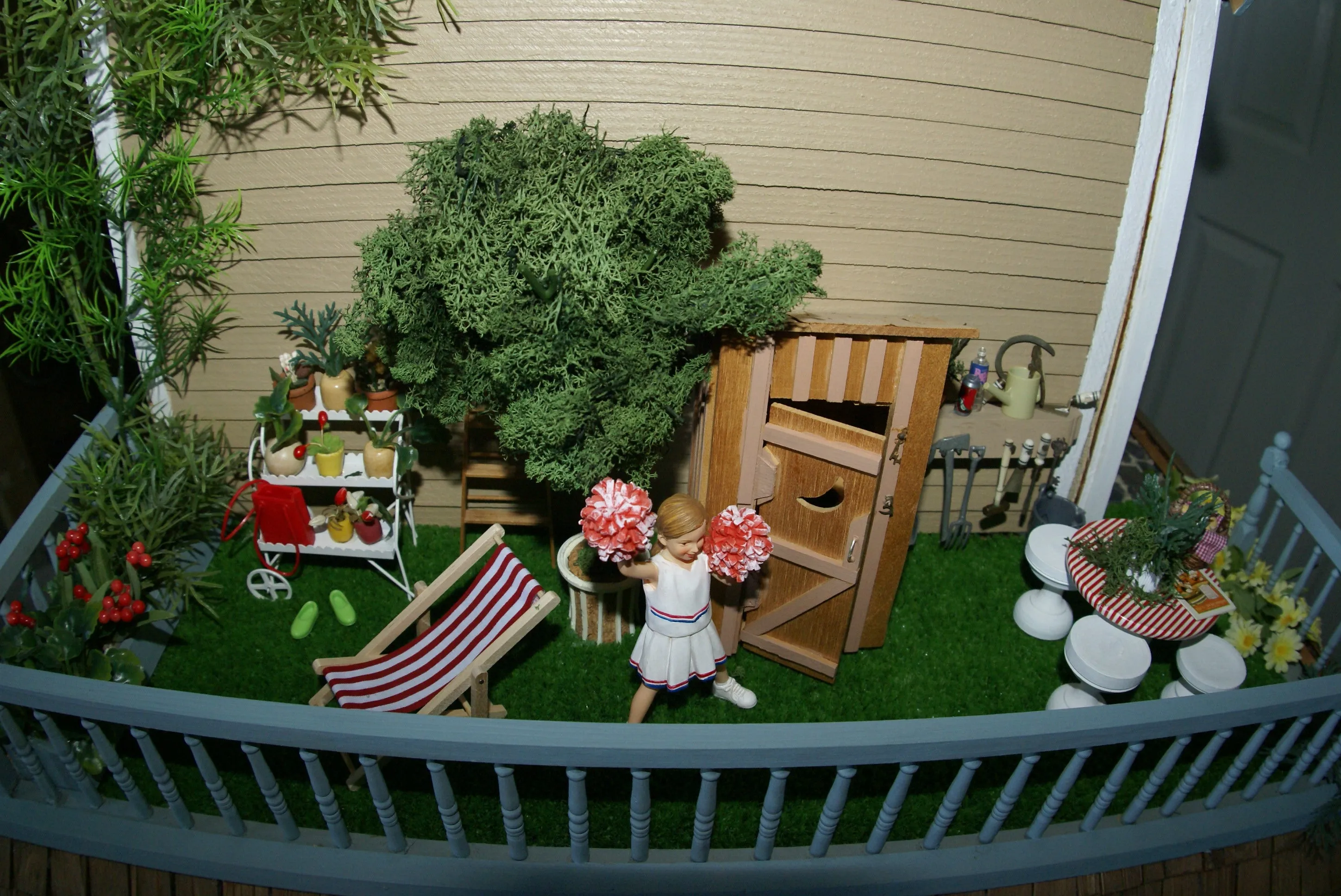 1970 HUGE CUSTOM BUILT & FULLY FURNISHED DOLL HOUSE (5 ft x 4ft x 32”) WITH 14 rooms & 3 gardens, Plants, Trees   Outhouse (1/12 Scale) Operating Lights