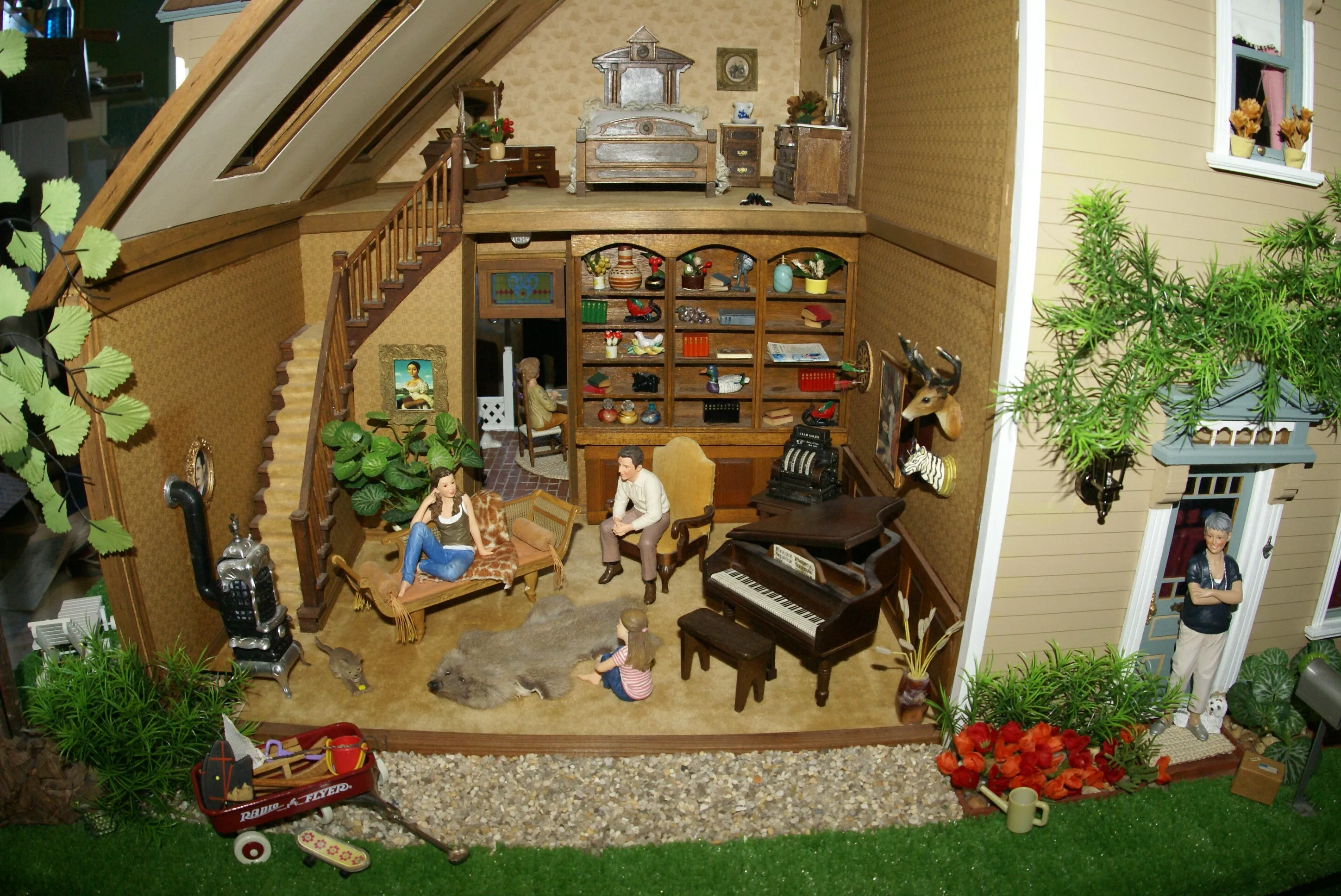 1970 HUGE CUSTOM BUILT & FULLY FURNISHED DOLL HOUSE (5 ft x 4ft x 32”) WITH 14 rooms & 3 gardens, Plants, Trees   Outhouse (1/12 Scale) Operating Lights