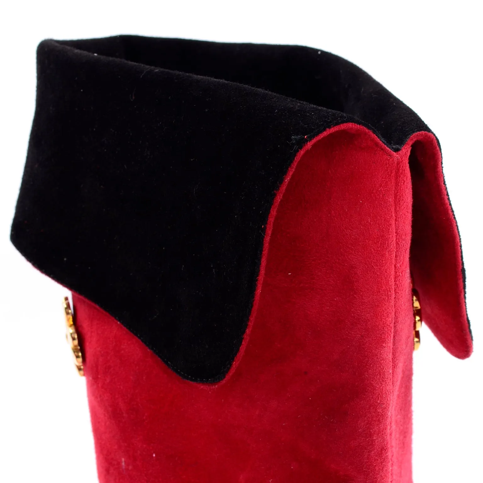 1980s Escada Vintage Boots in Red & Black Suede W Gold Four Leaf Clover