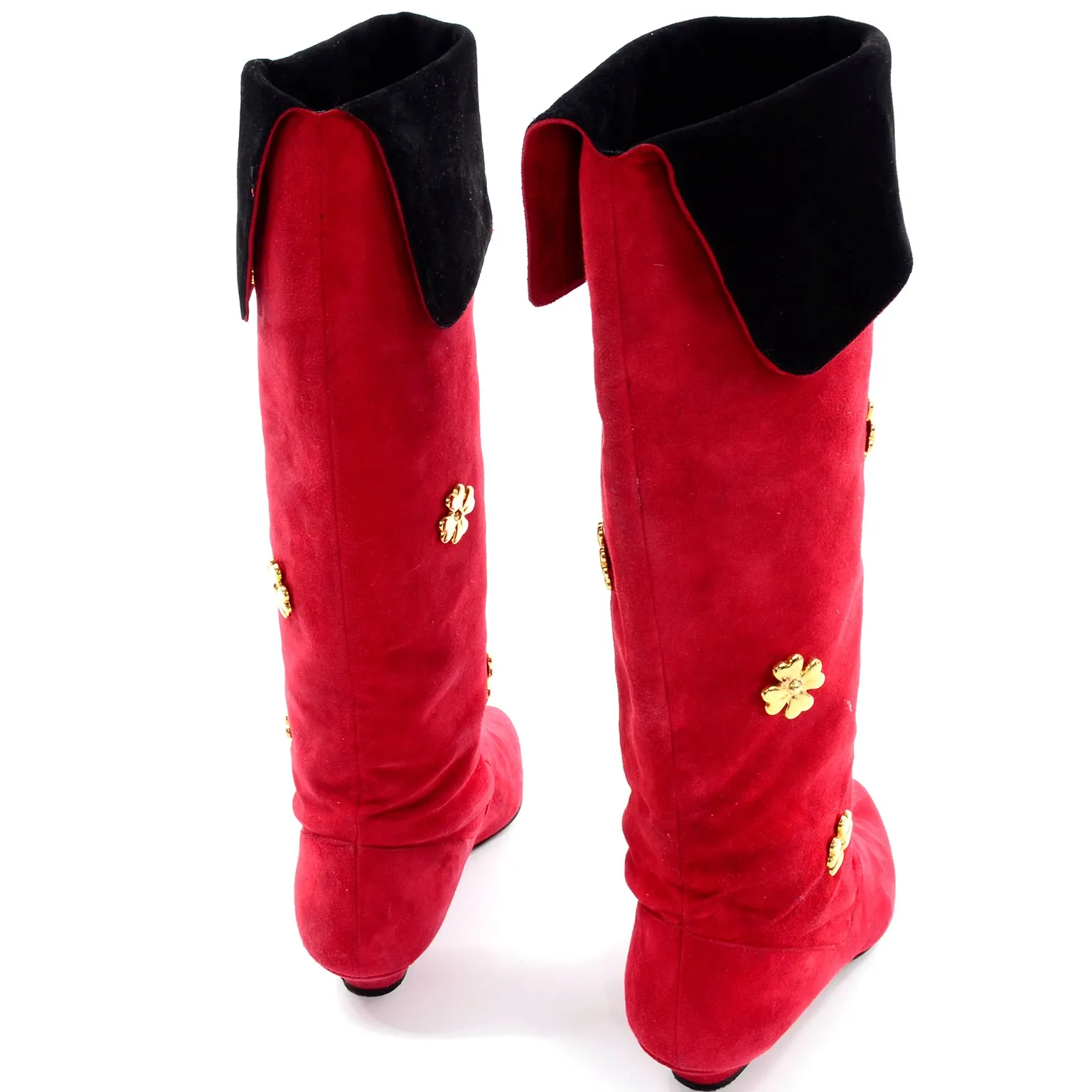 1980s Escada Vintage Boots in Red & Black Suede W Gold Four Leaf Clover