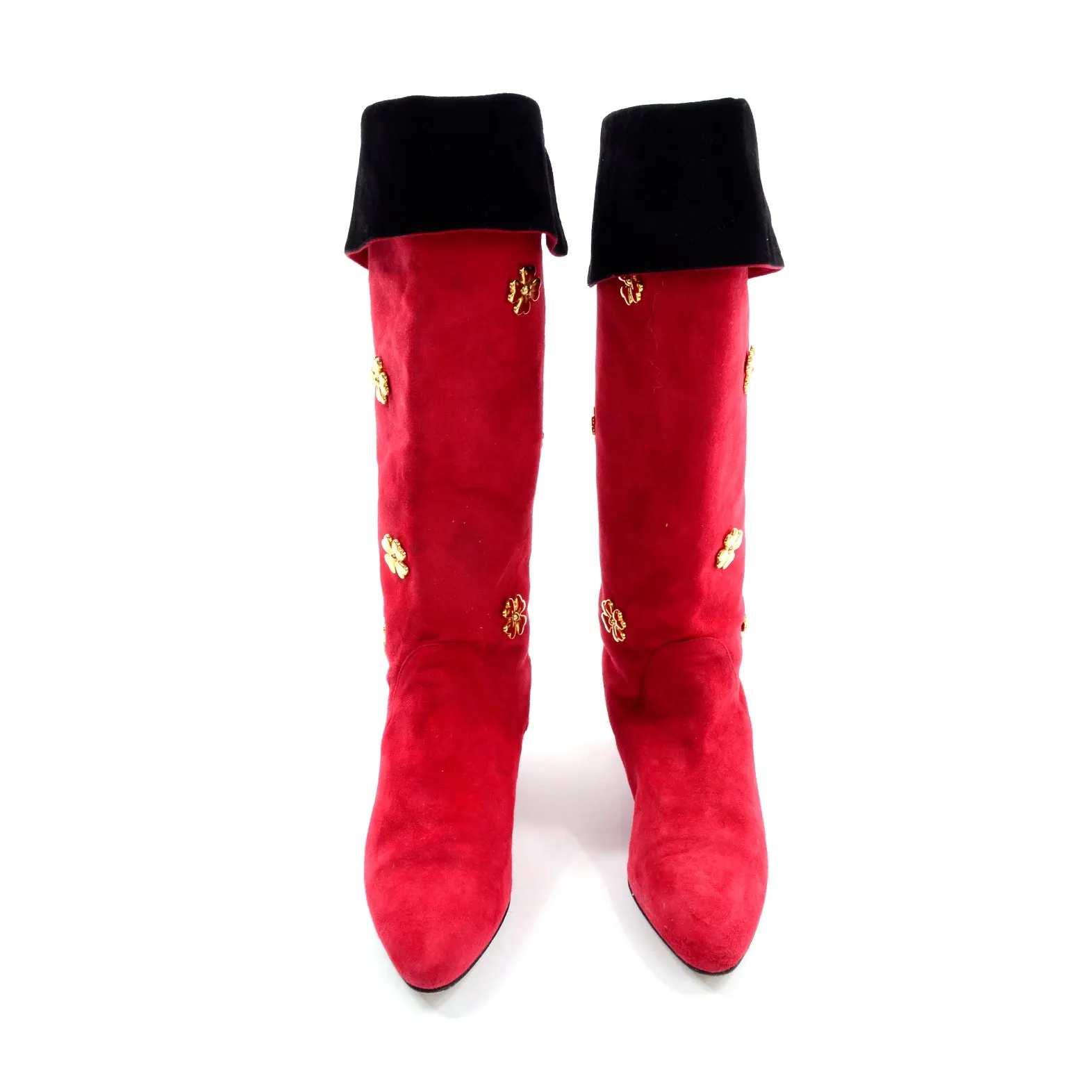 1980s Escada Vintage Boots in Red & Black Suede W Gold Four Leaf Clover