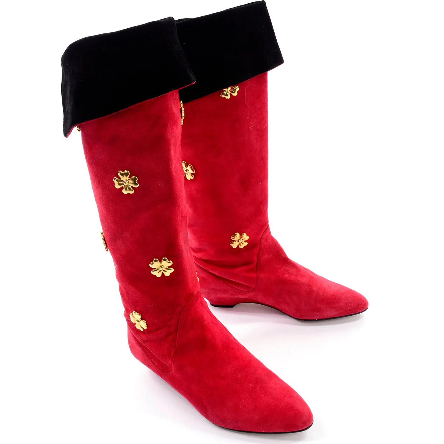 1980s Escada Vintage Boots in Red & Black Suede W Gold Four Leaf Clover