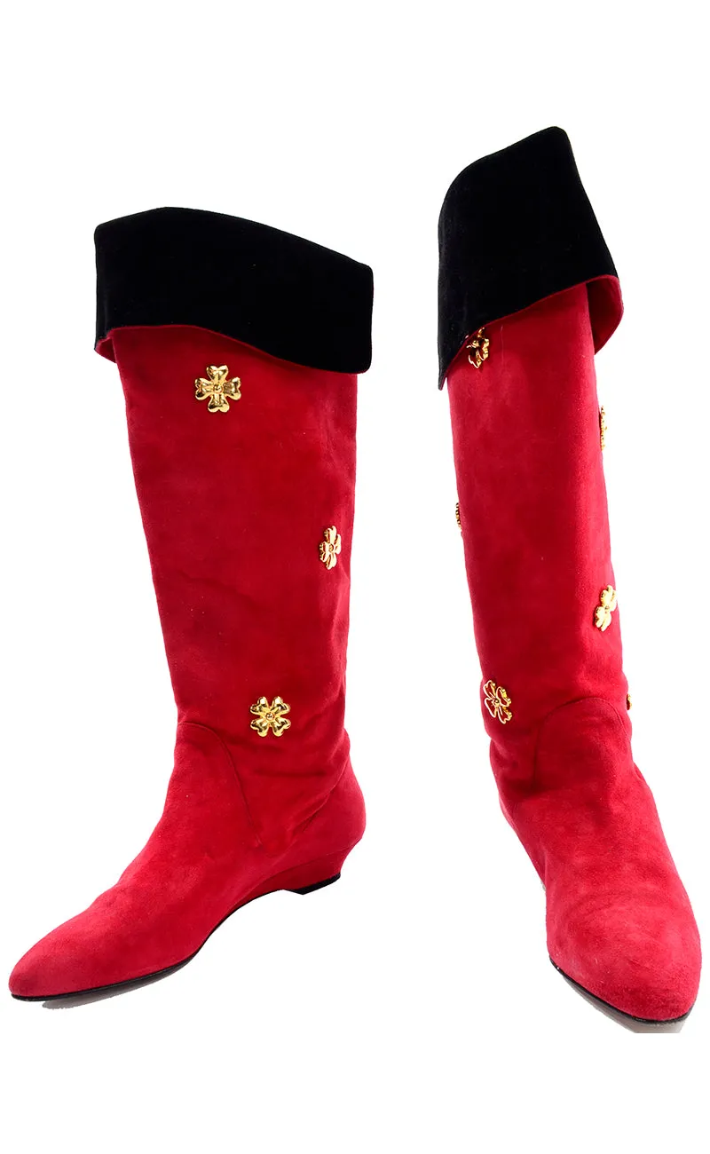 1980s Escada Vintage Boots in Red & Black Suede W Gold Four Leaf Clover