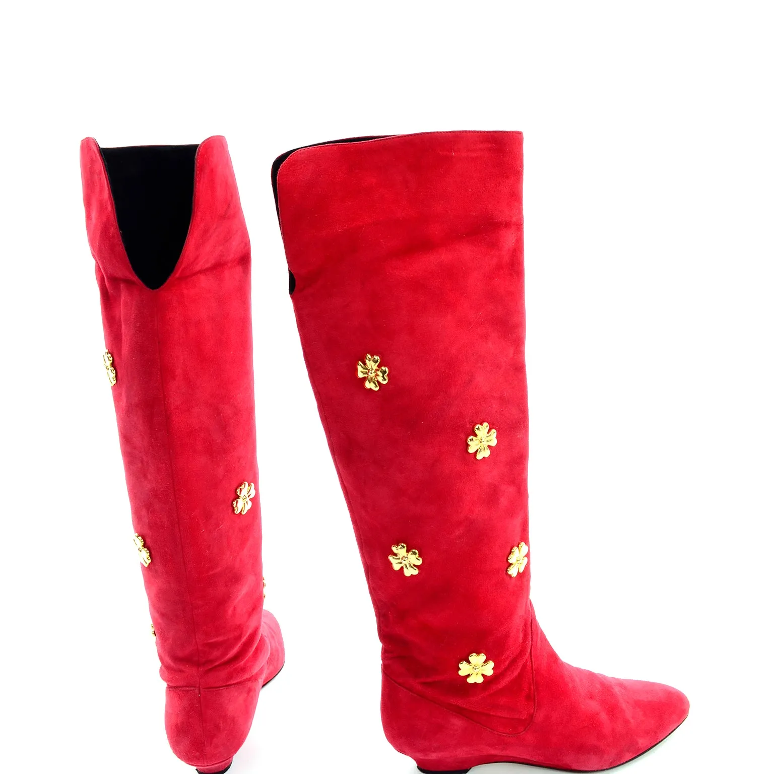 1980s Escada Vintage Boots in Red & Black Suede W Gold Four Leaf Clover