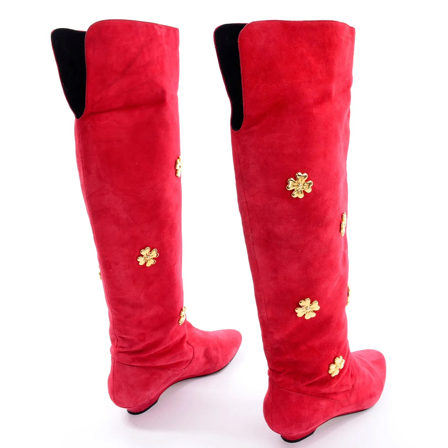 1980s Escada Vintage Boots in Red & Black Suede W Gold Four Leaf Clover