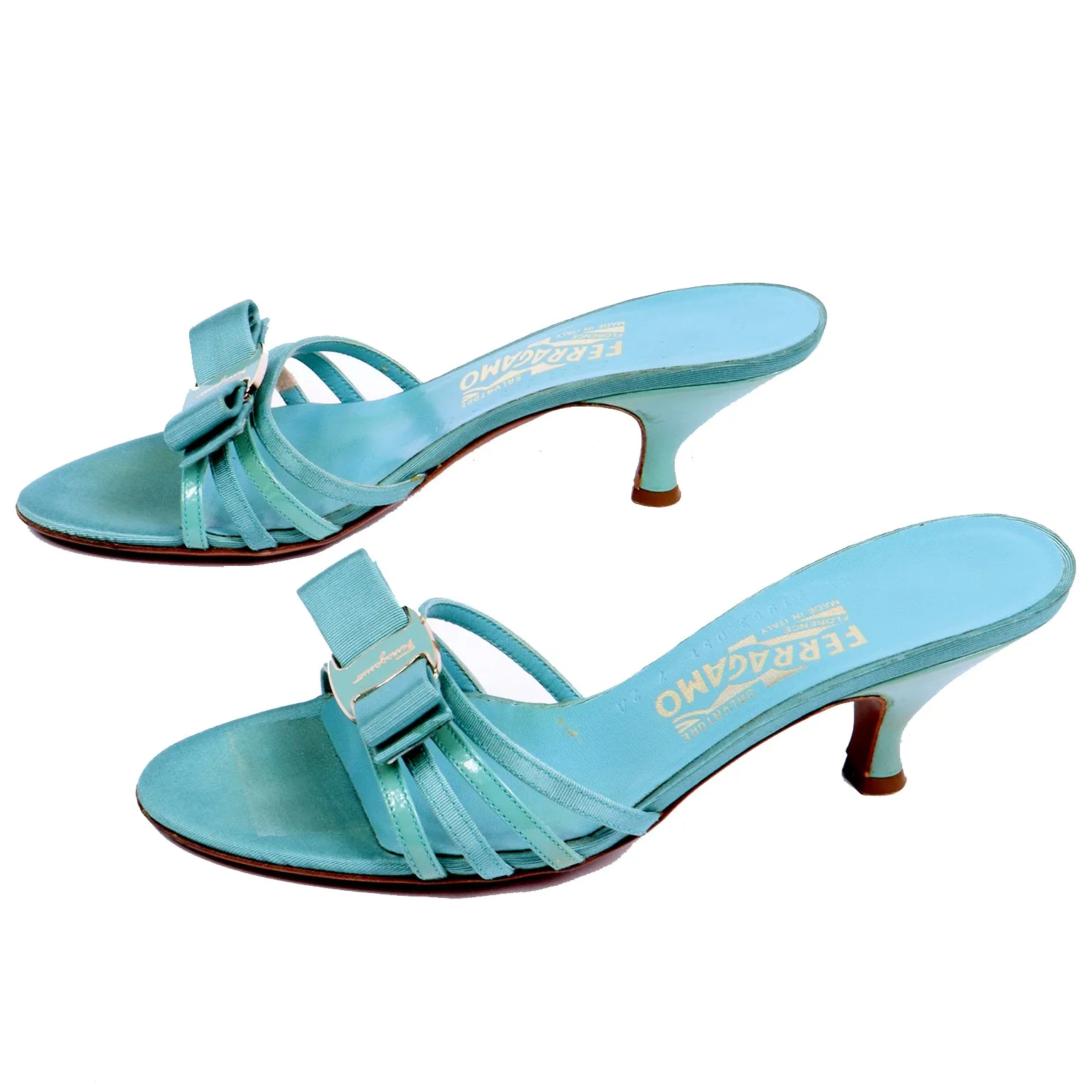 1990s Salvatore Ferragamo Turquoise Blue Bow Sandals