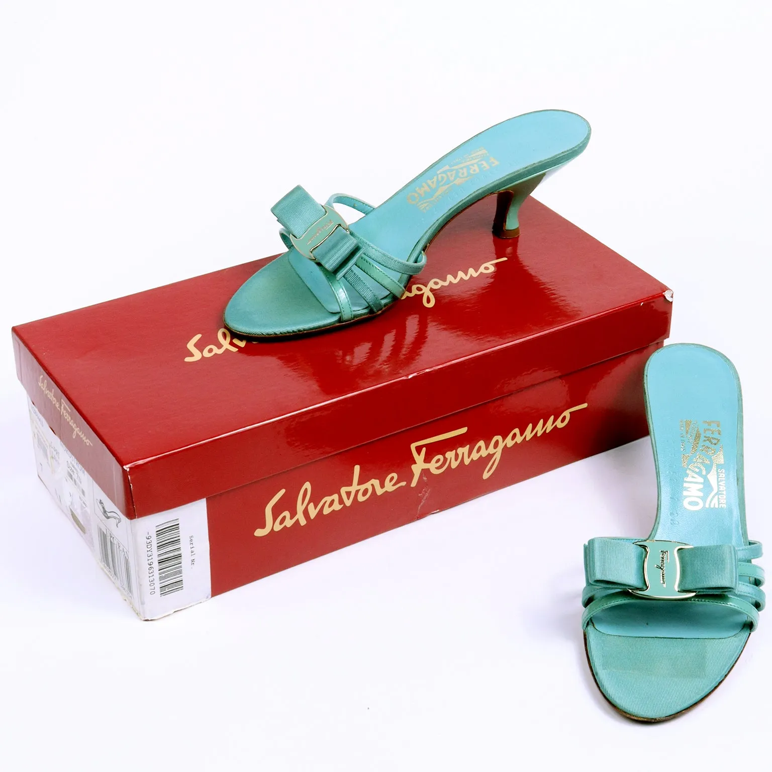 1990s Salvatore Ferragamo Turquoise Blue Bow Sandals