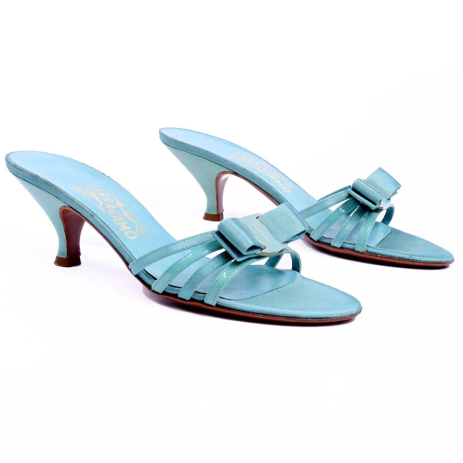 1990s Salvatore Ferragamo Turquoise Blue Bow Sandals