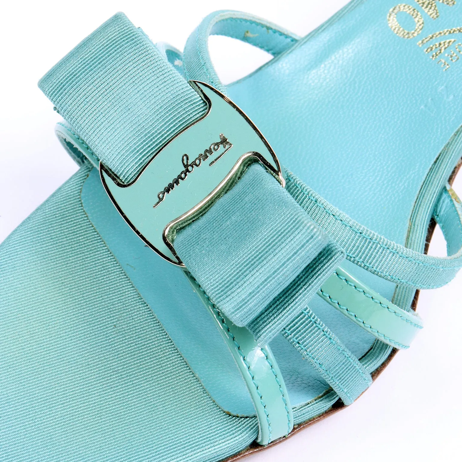 1990s Salvatore Ferragamo Turquoise Blue Bow Sandals