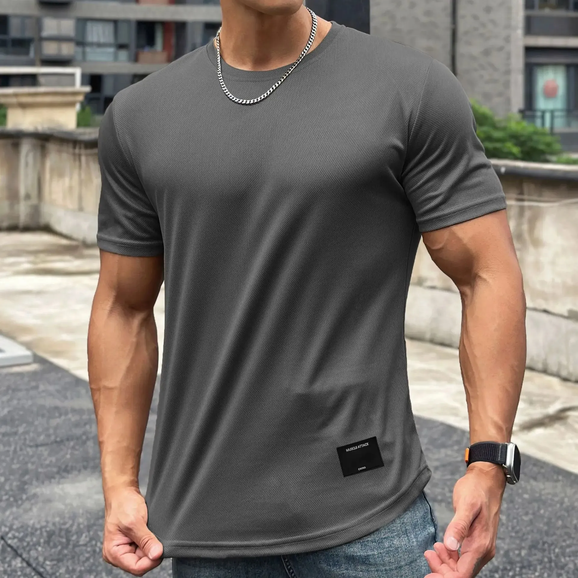 2023 new Men Summer Short Sleeve Fitness T Shirt Running Sport Gym Muscle T Shirt Workout Casual High Quality Tops Clothing