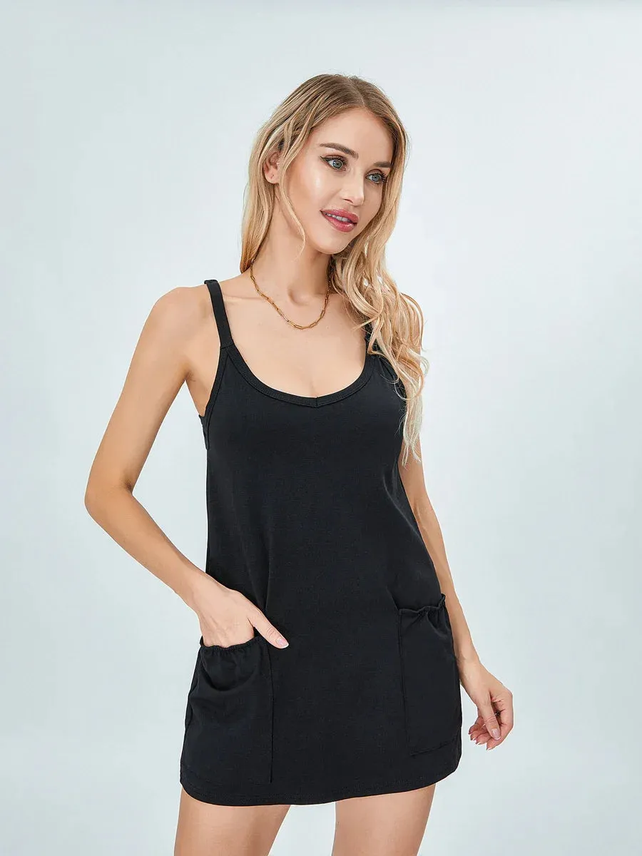 2024 Summer Sleeveless Strappy Athletic Romper Workout Tennis With Pockets Casual Women Dress