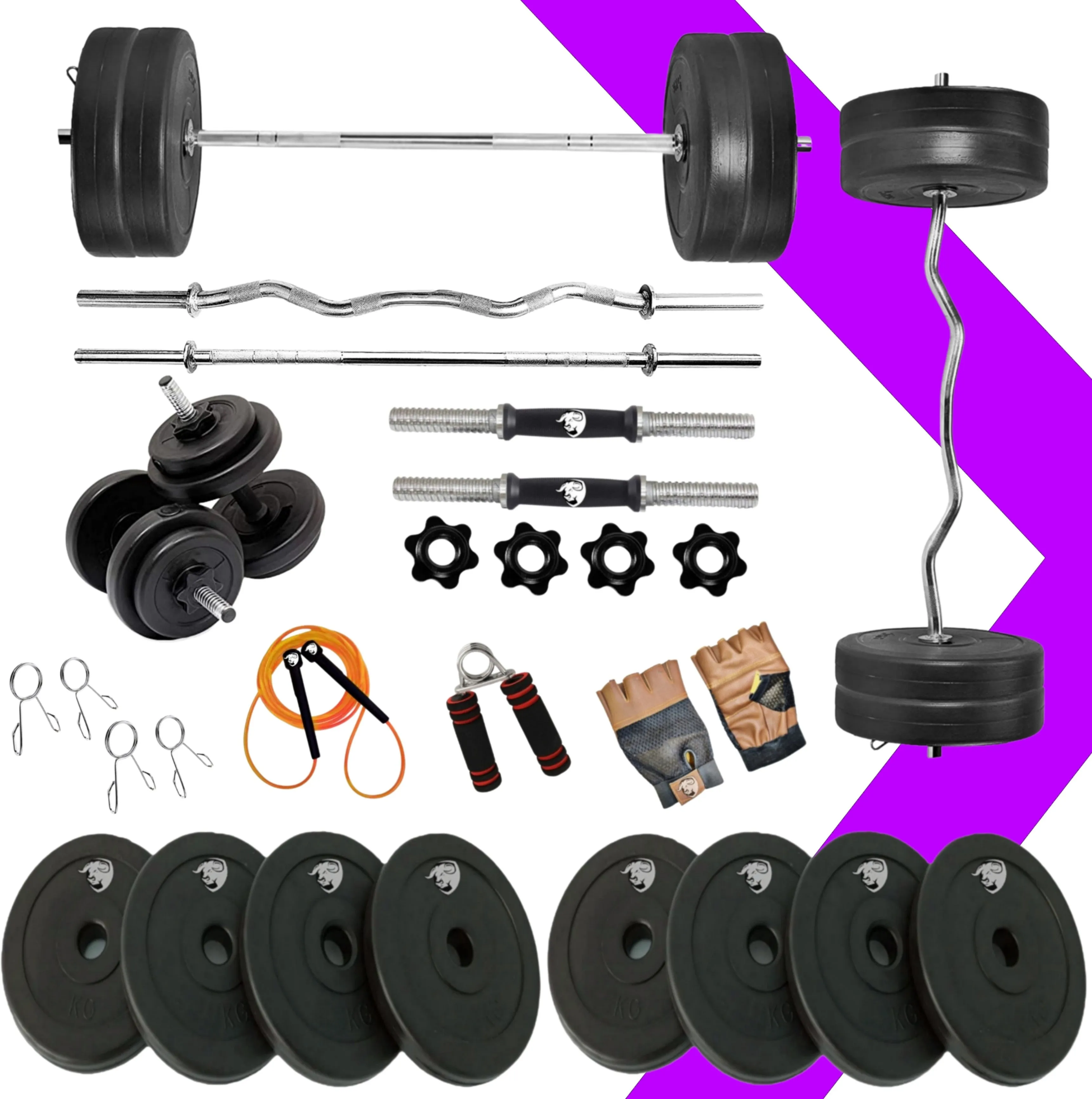 20kg Home Gym Equipment | 3ft Curl Rod | 3ft Straight | 1 Pair Dumbbell Rods | Weight Plates