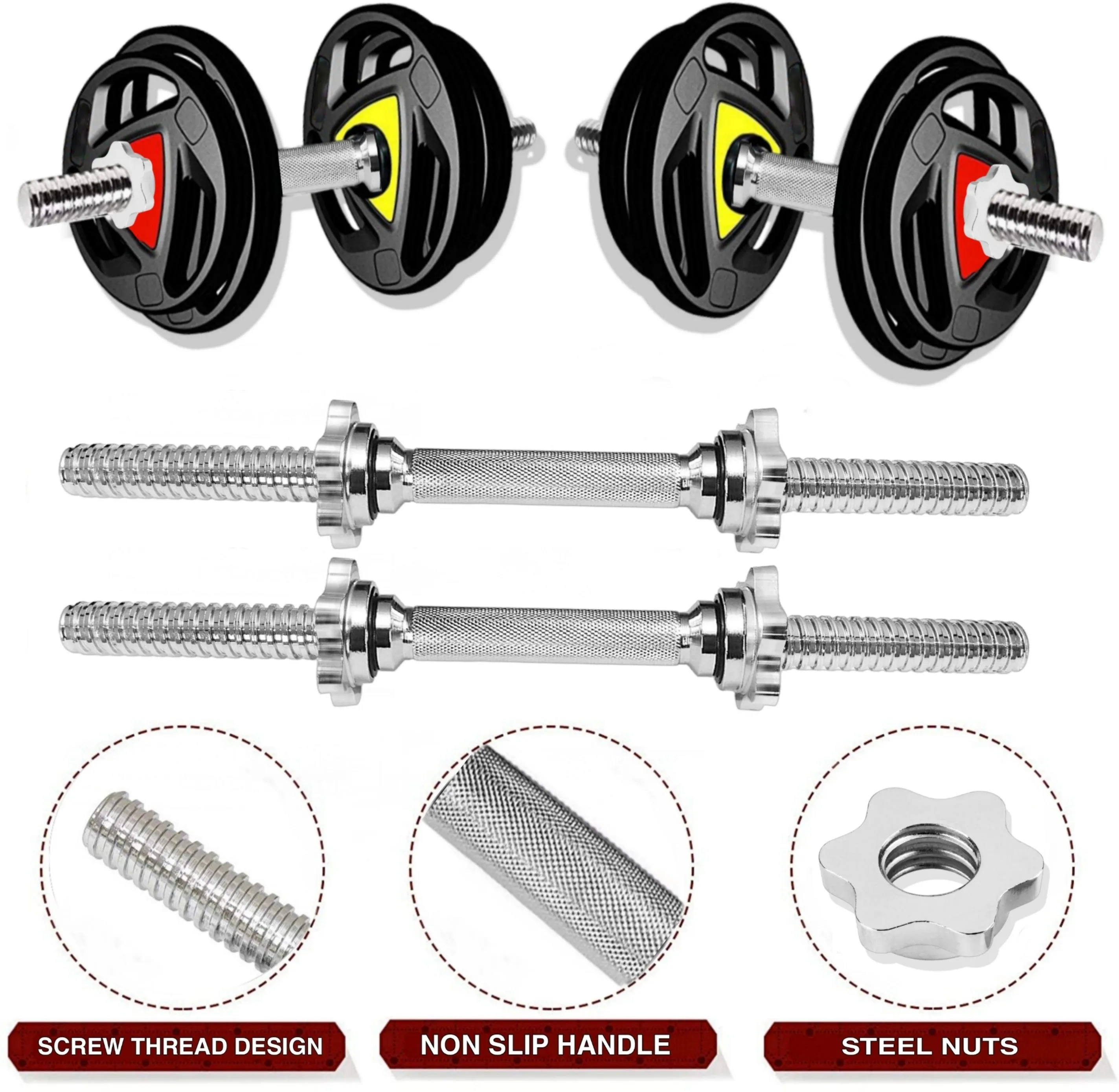 30KG GYM SET 4ft |5Ft Pair Star Nut Dumbbell |Rubber Coated Iron Plates & ACC(25MM)