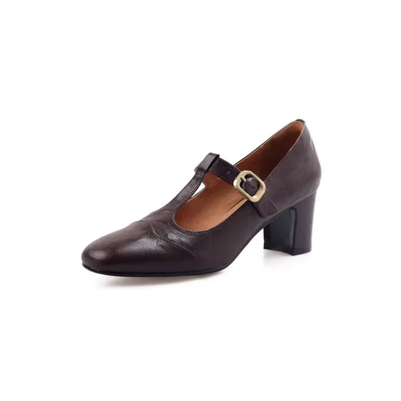 60mm Block Heel Cap Toe Leather Mary Jane T-strap Shoes in Black/Brown