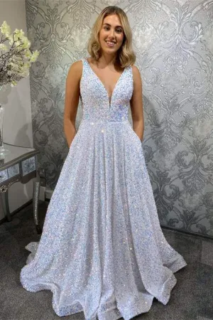 A Line Glitter V-neck Long Prom Dress,Sparkly Graduation Gown With Pockets,Gala Dresses