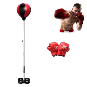 Adult Suction Cup Version Height Adjustable Vertical PU Leather Vent Ball Boxing Speed Ball Family Fitness Equipment with Gloves(Black Red)