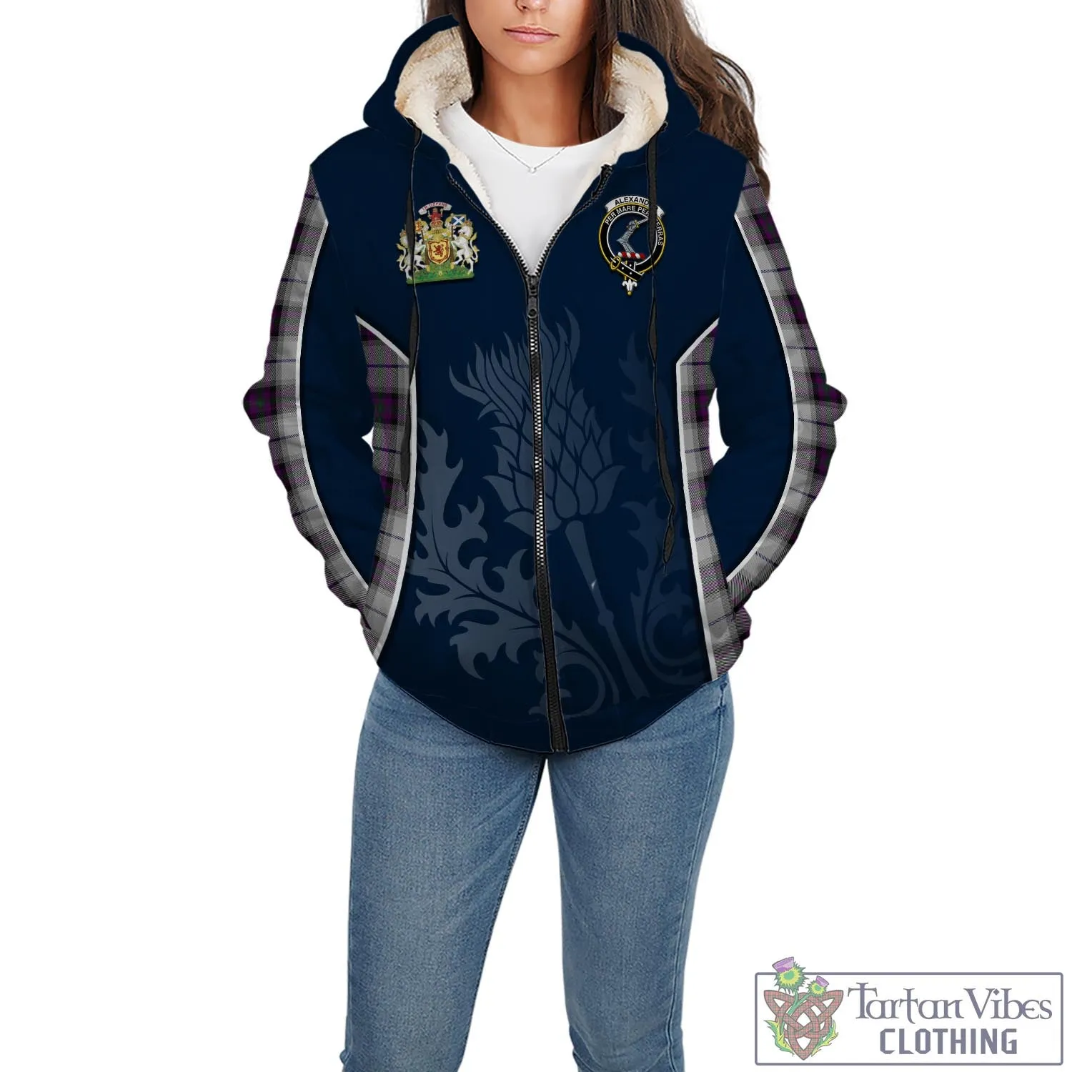 Alexander of Menstry Dress Tartan Sherpa Hoodie with Family Crest and Scottish Thistle Vibes Sport Style