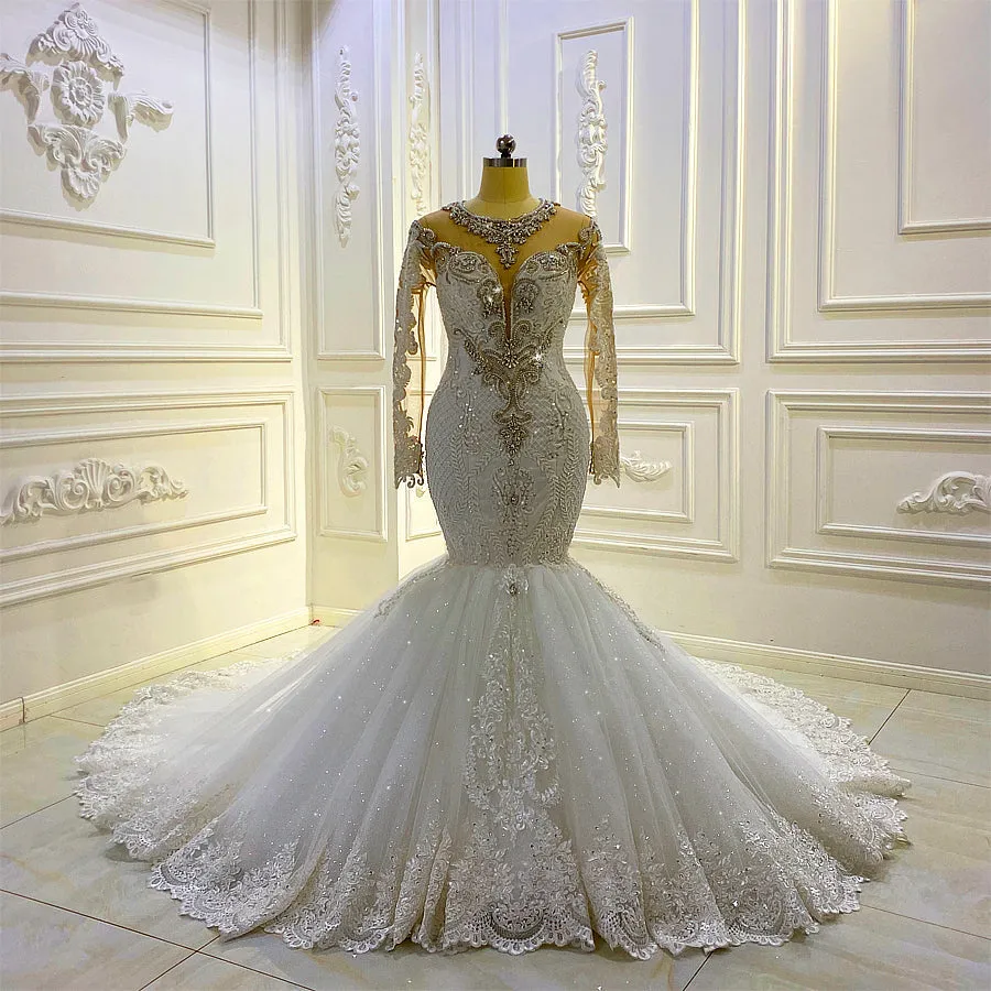 AM1032 Long Sleeve Lace Applique Crystal beaded  Mermaid Wedding Dress