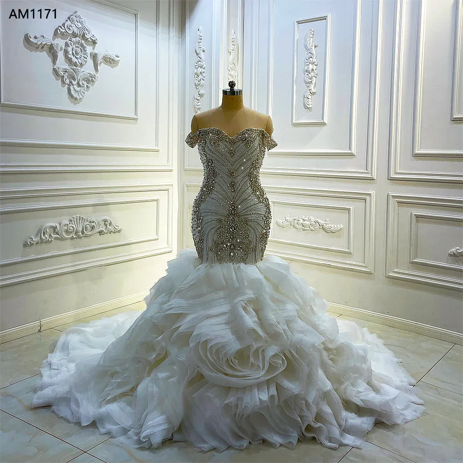 AM1171 Off Shoulder Crystal beaded shiny Ruffles trumpet mermaid Wedding Dress