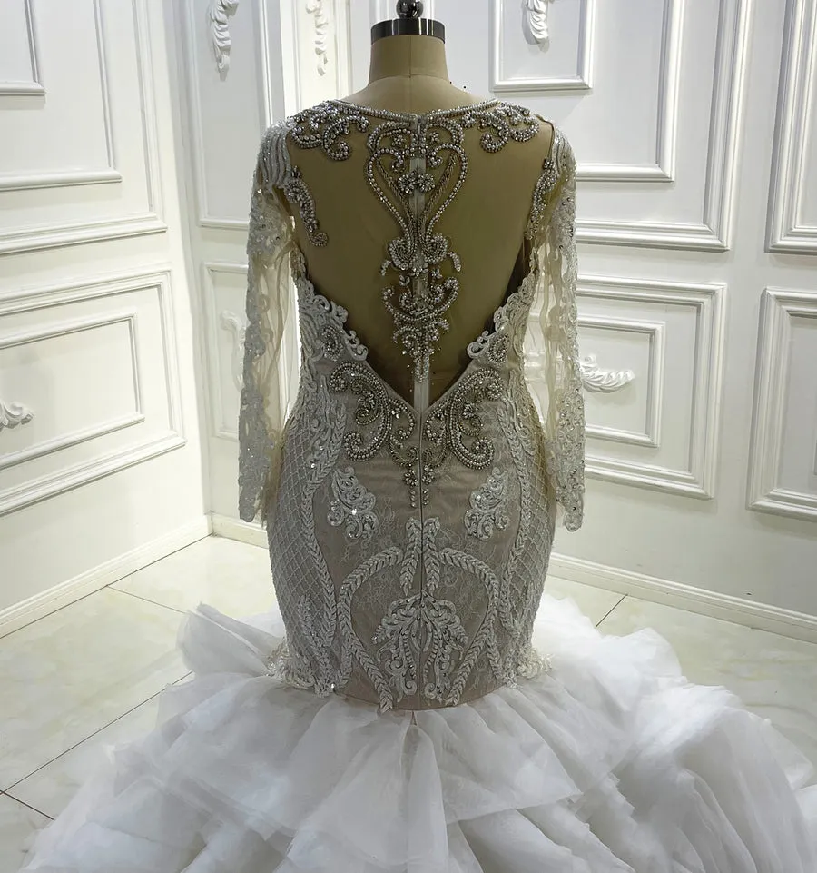 AM1216 Long Sleeve Ruffles mermaid sequin Appliques Luxury long sleeve Wedding Dress