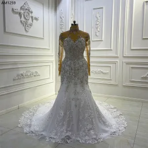 AM1259 High Neck Lace Appliques Full Sleeves luxury Wedding Dress