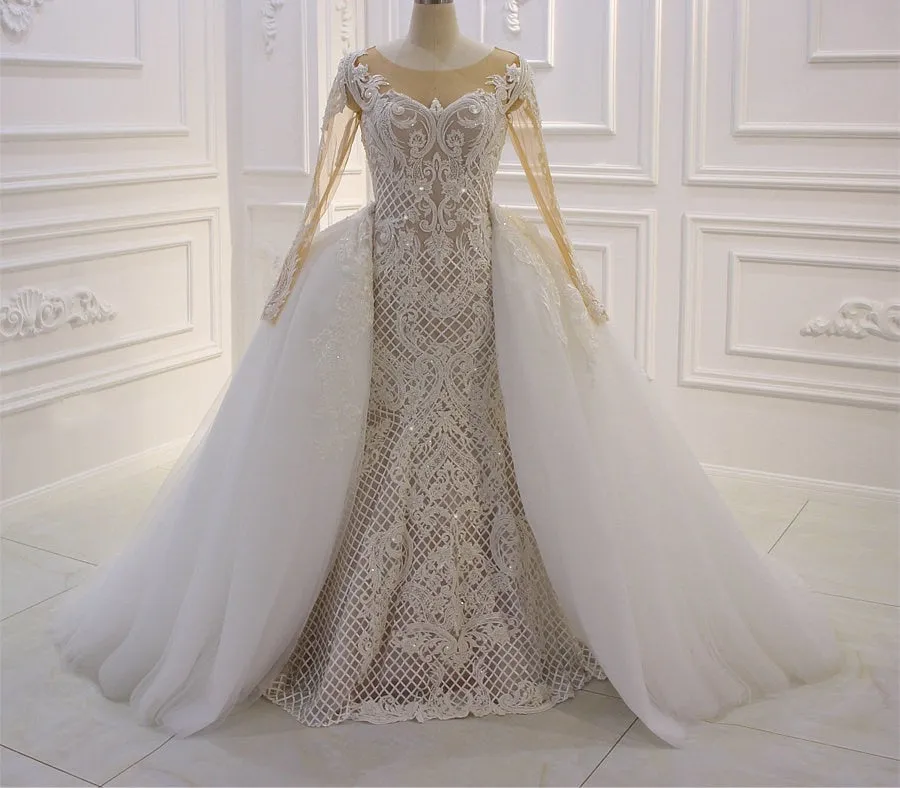 AM179 Long Sleeve Mermaid Lace Wedding Dress with Detachable Skirt