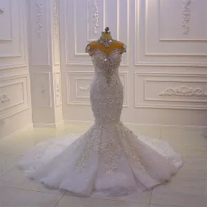 AM210 Luxury High Neck Rhinestone Crystal Flowers Mermaid African Wedding Dress