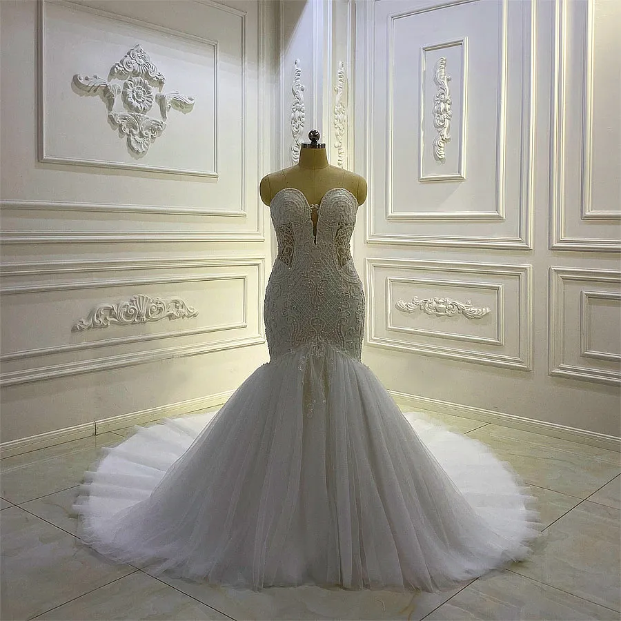 AM659 Mermaid Lace Applique Design Strapless luxury Wedding Dress