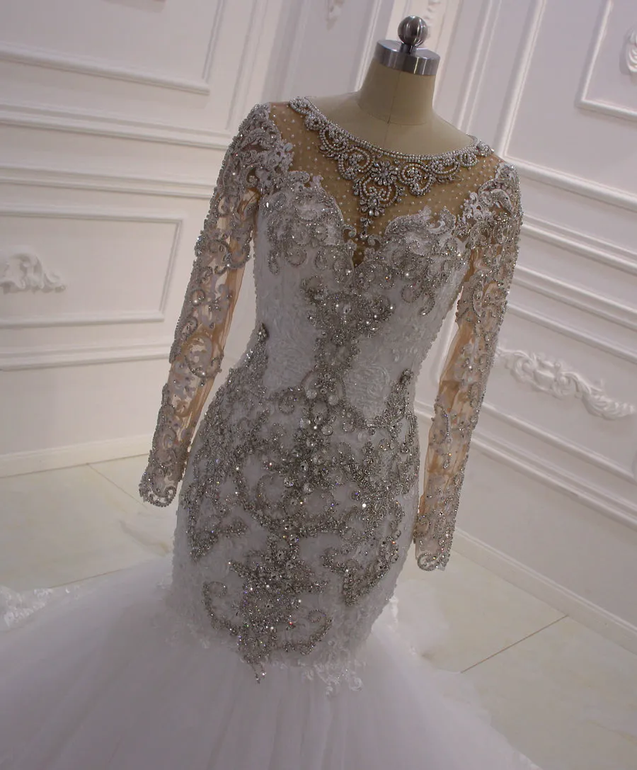 AM756 Long Sleeve Lace Appliques shiny Crystal luxury Mermaid Wedding Dress