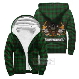 Anstruther Tartan Sherpa Hoodie with Family Crest and Bearded Skull Holding Bottles of Whiskey