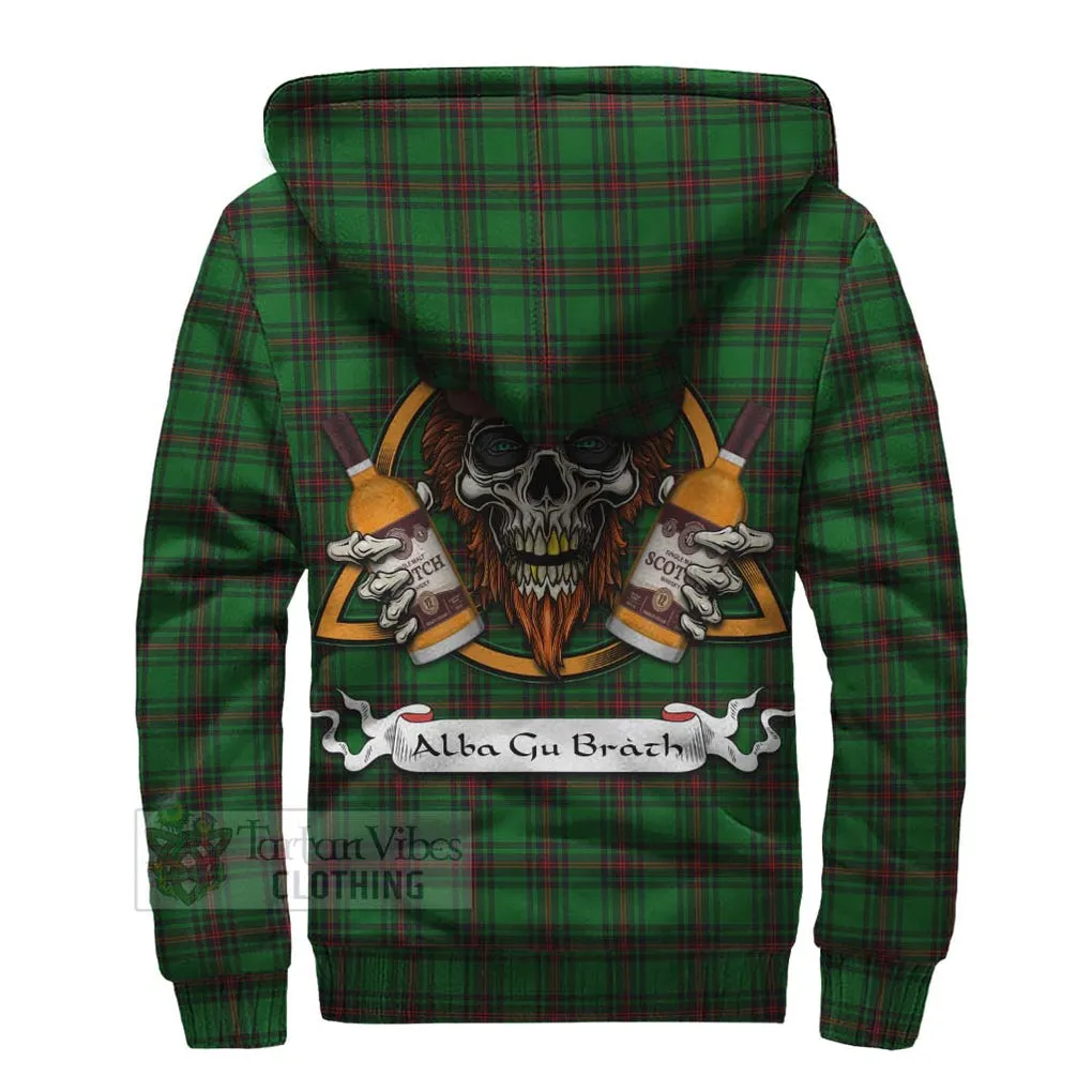 Anstruther Tartan Sherpa Hoodie with Family Crest and Bearded Skull Holding Bottles of Whiskey