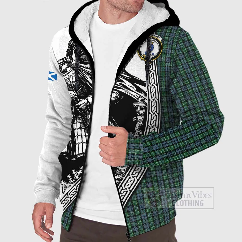 Arbuthnot Tartan Clan Crest Sherpa Hoodie with Highlander Warrior Celtic Style