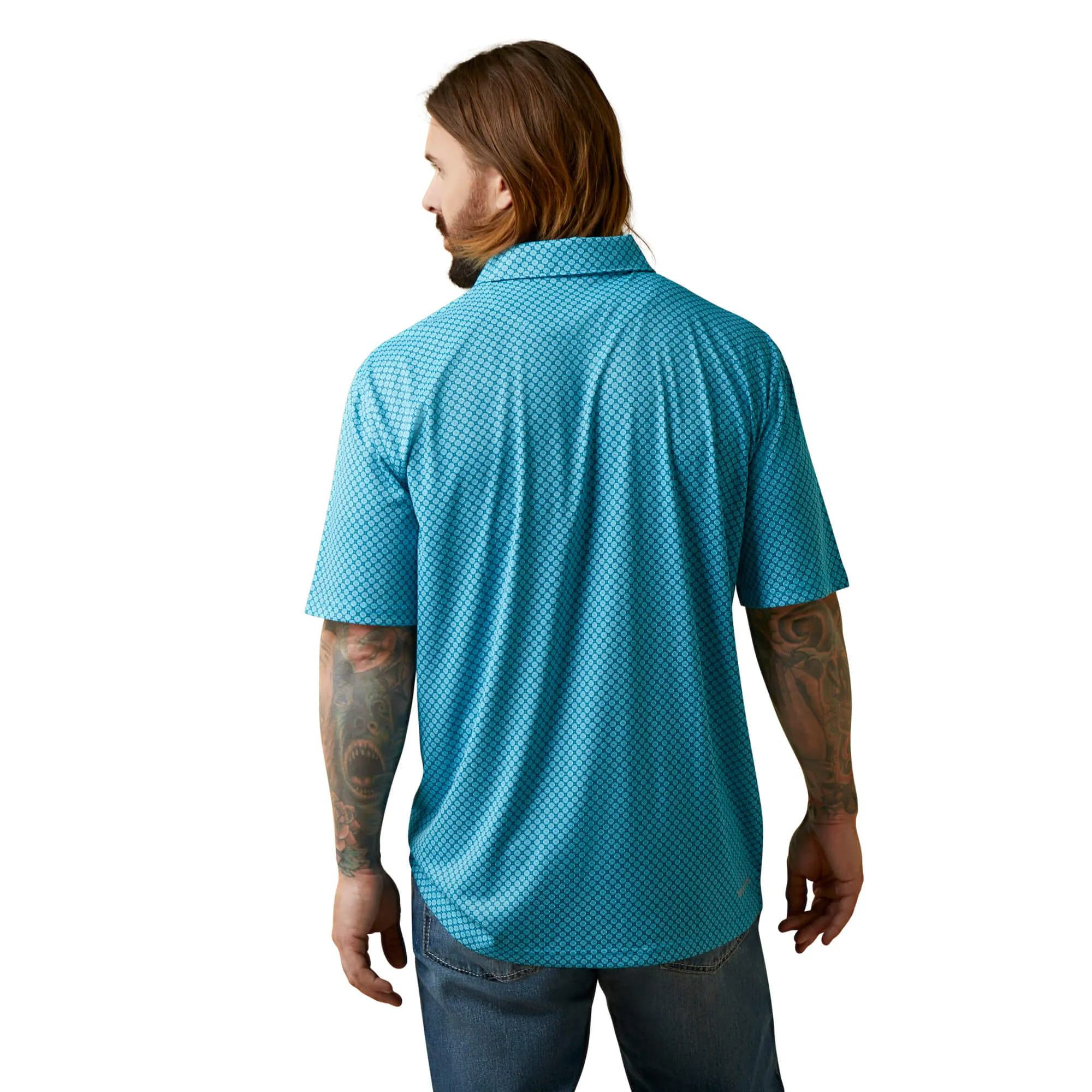 Ariat Men's All Over Medallion Polo in Peacock Blue