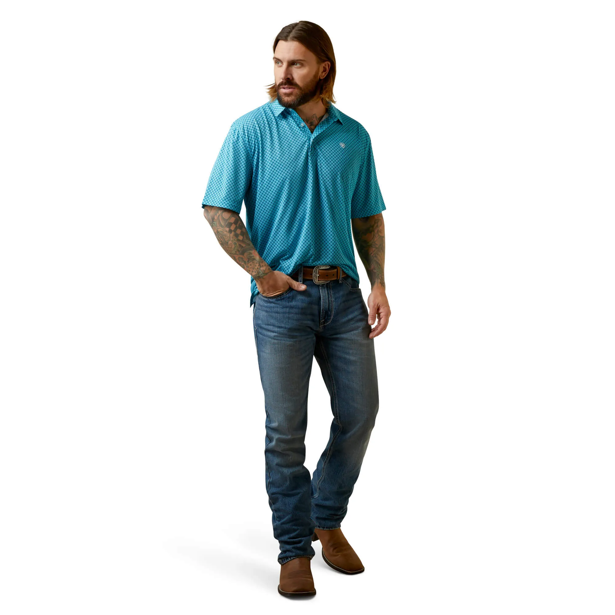 Ariat Men's All Over Medallion Polo in Peacock Blue