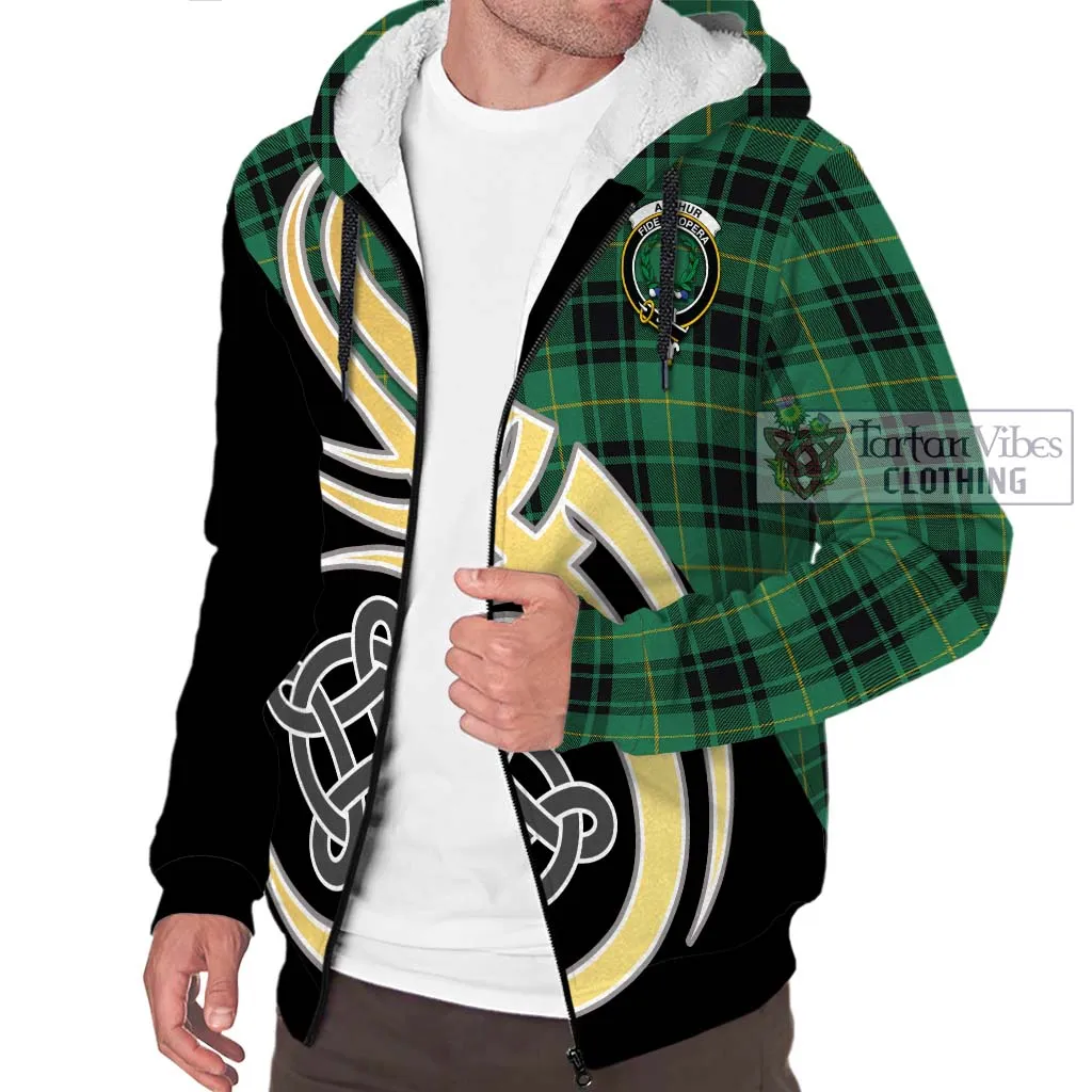 Arthur Ancient Tartan Sherpa Hoodie with Family Crest and Celtic Symbol Style