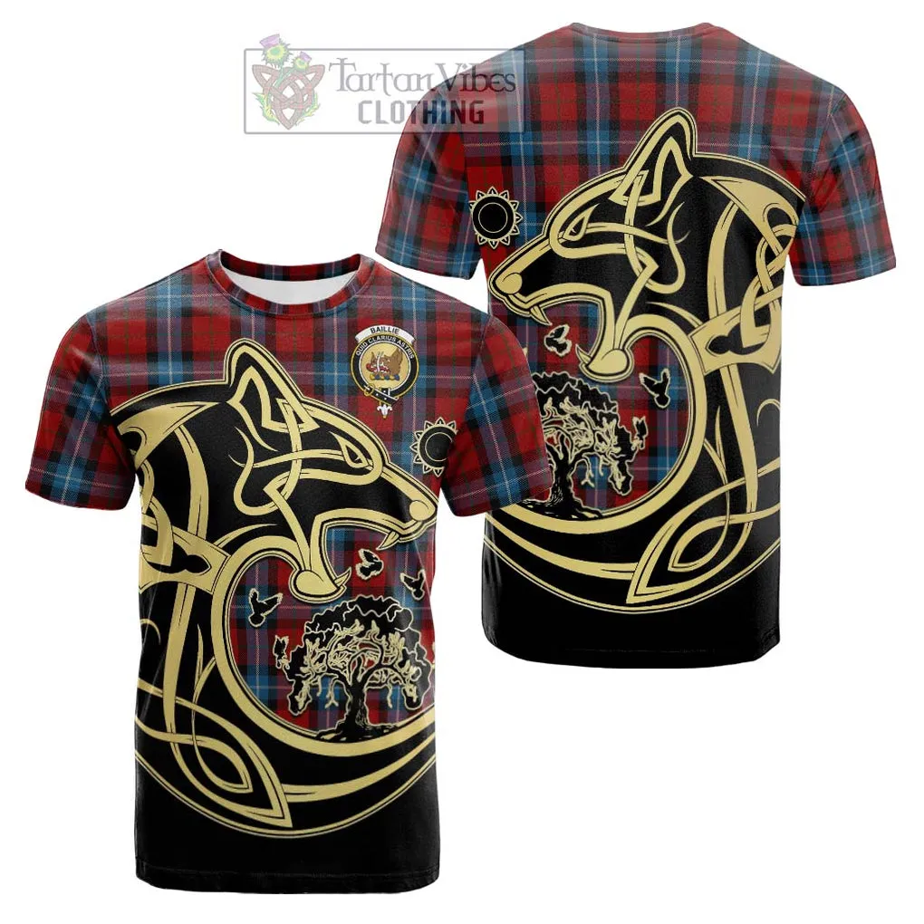 Baillie of Polkemmet Red Tartan Cotton T-shirt with Family Crest Celtic Wolf Style