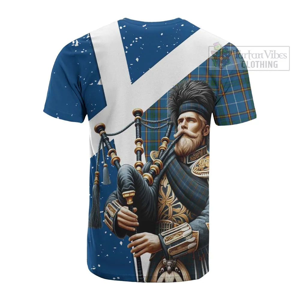 Bain Tartan Cotton T-shirt with Family Crest Scottish Bagpiper Vibes