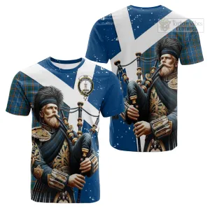 Bain Tartan Cotton T-shirt with Family Crest Scottish Bagpiper Vibes