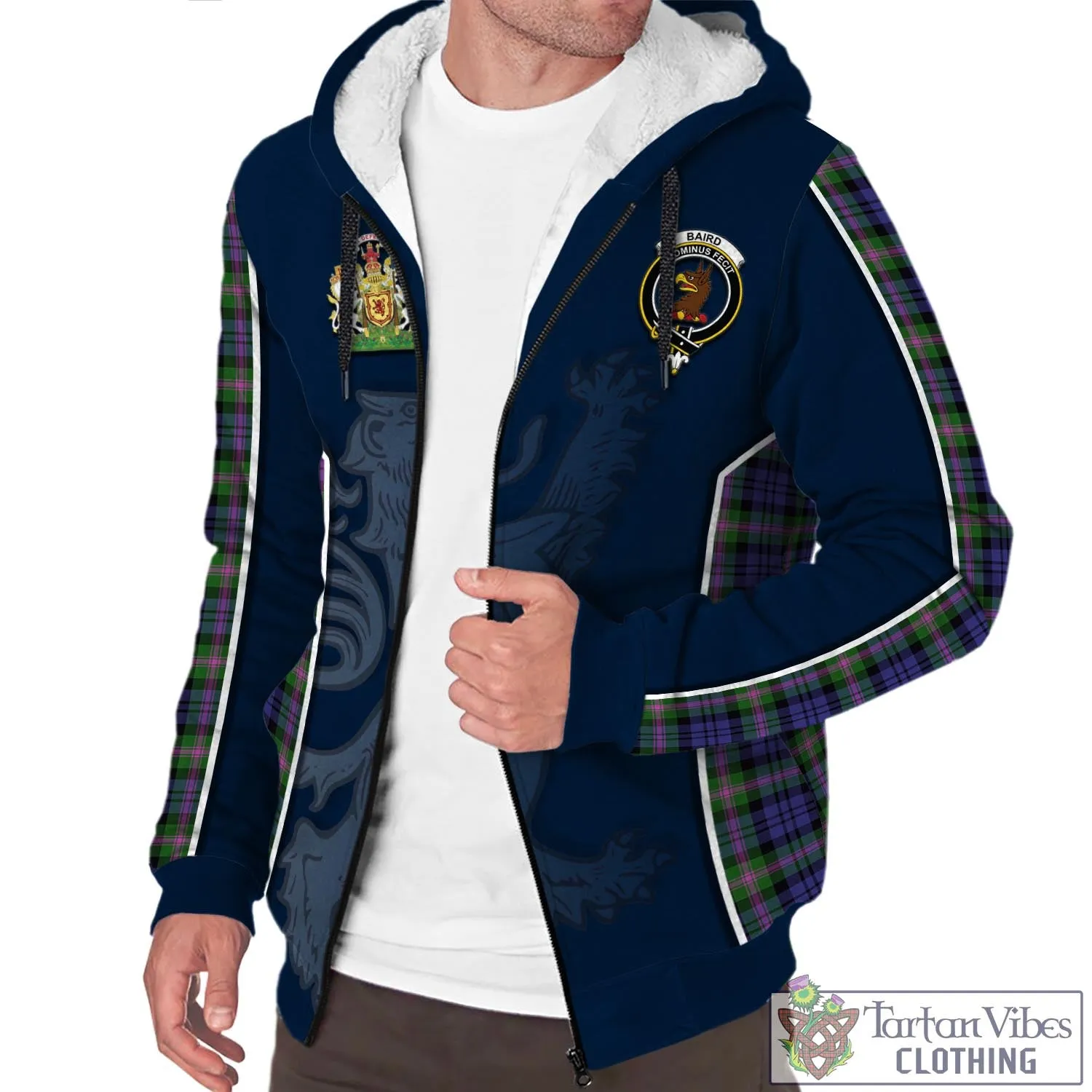 Baird Modern Tartan Sherpa Hoodie with Family Crest and Lion Rampant Vibes Sport Style