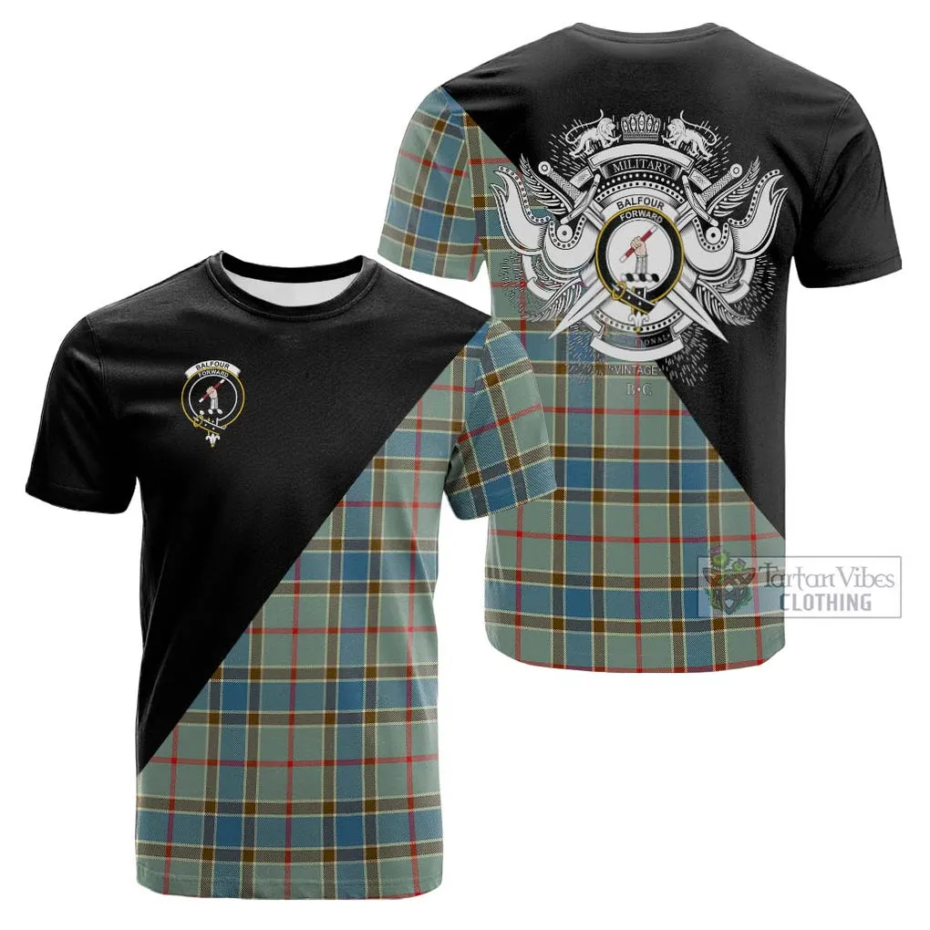 Balfour Blue Tartan Cotton T-shirt with Family Crest and Military Logo Style