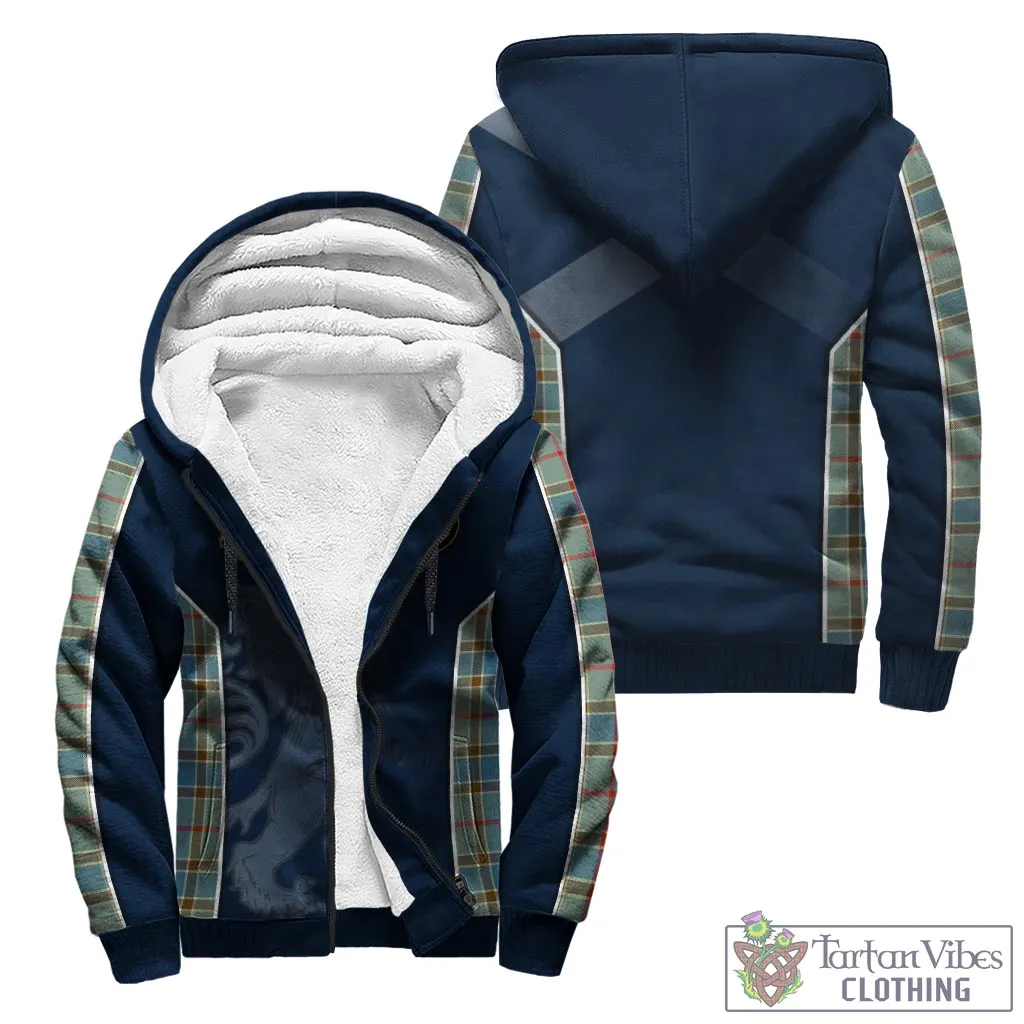 Balfour Blue Tartan Sherpa Hoodie with Family Crest and Lion Rampant Vibes Sport Style