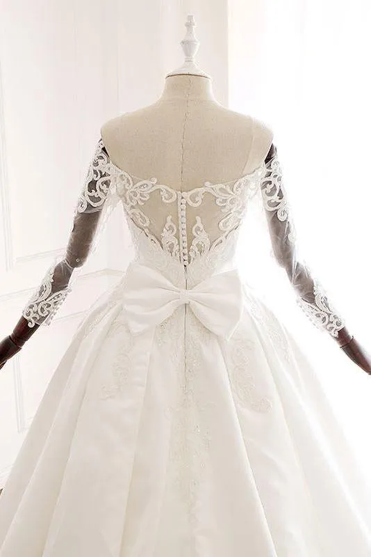 Ball Gown Long Sleeves Wedding Dress With Lace Appliques, Satin Bridal Gown N2582