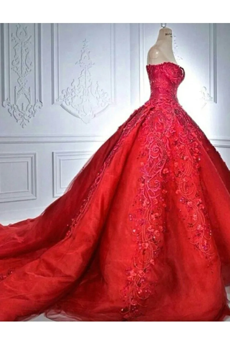 Ball Gown Red Sweetheart Tulle Prom Dress With Appliques, Puffy Quinceanera Dress N2079