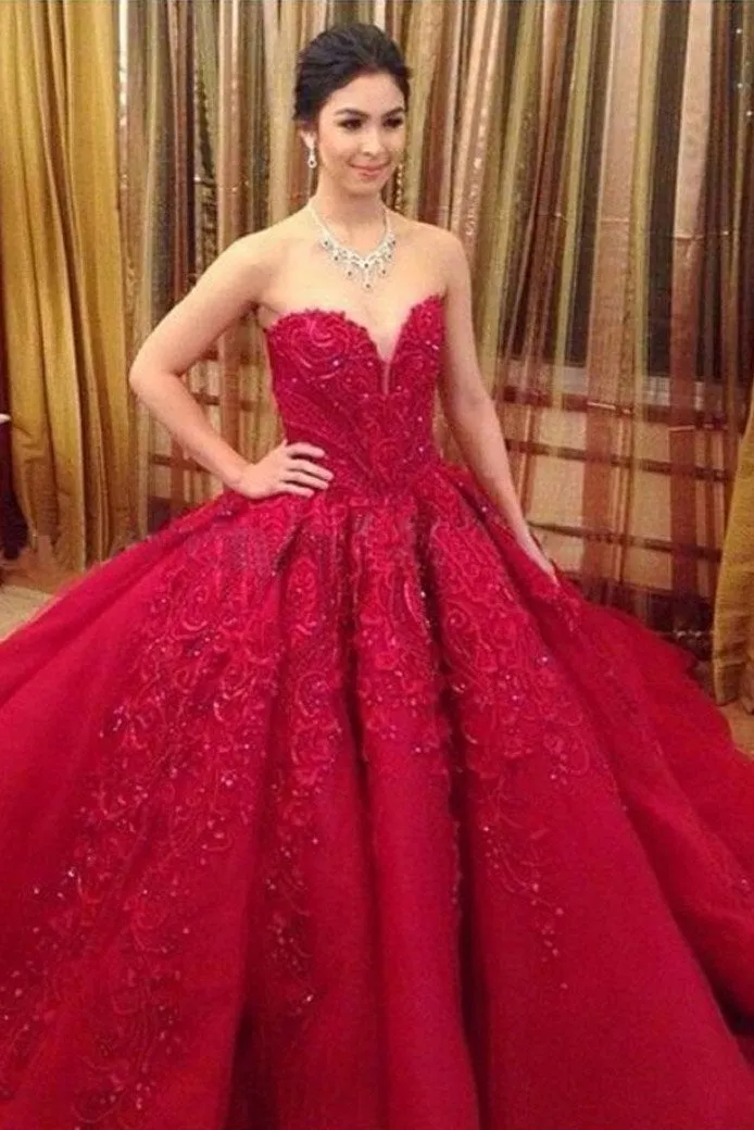 Ball Gown Red Sweetheart Tulle Prom Dress With Appliques, Puffy Quinceanera Dress N2079